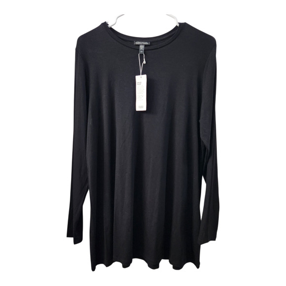 Eileen Fisher Stretch Crew-Neck Tunic Top L Black Minimalist Casual Relaxed Fit - Picture 1 of 8